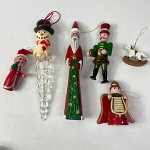 Vintage Wooden Christmas Ornaments Lot 6 Santas, Soldiers, Rocking Horse, Icicle